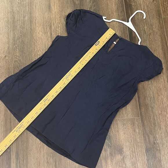 J.CREW Gathered  Pintuck Neck Cap Sleeve Top Navy 12 Silk Cotton Blend Blouse - Picture 5 of 8